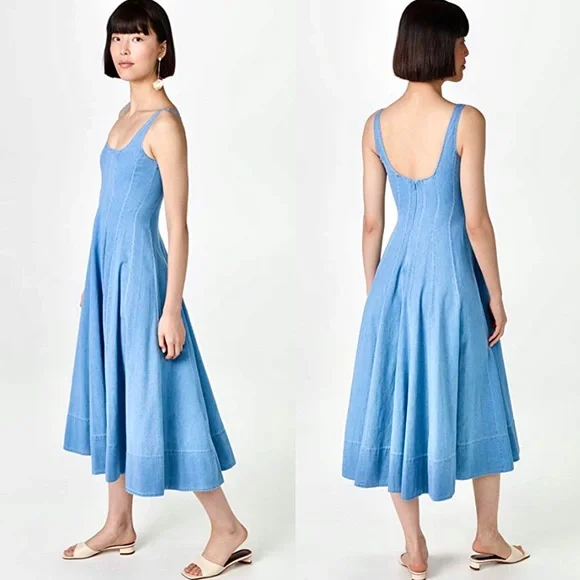 🌺🎉HP🎉🌺 NWT Staud Wells Midi Dress Light Wash Denim - Picture 7 of 16